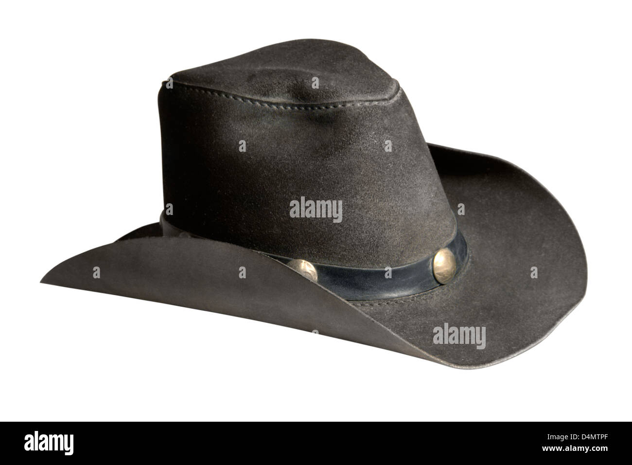 Il cappello da cowboy realizzata in cuoio scuro nel retro bianco Foto Stock