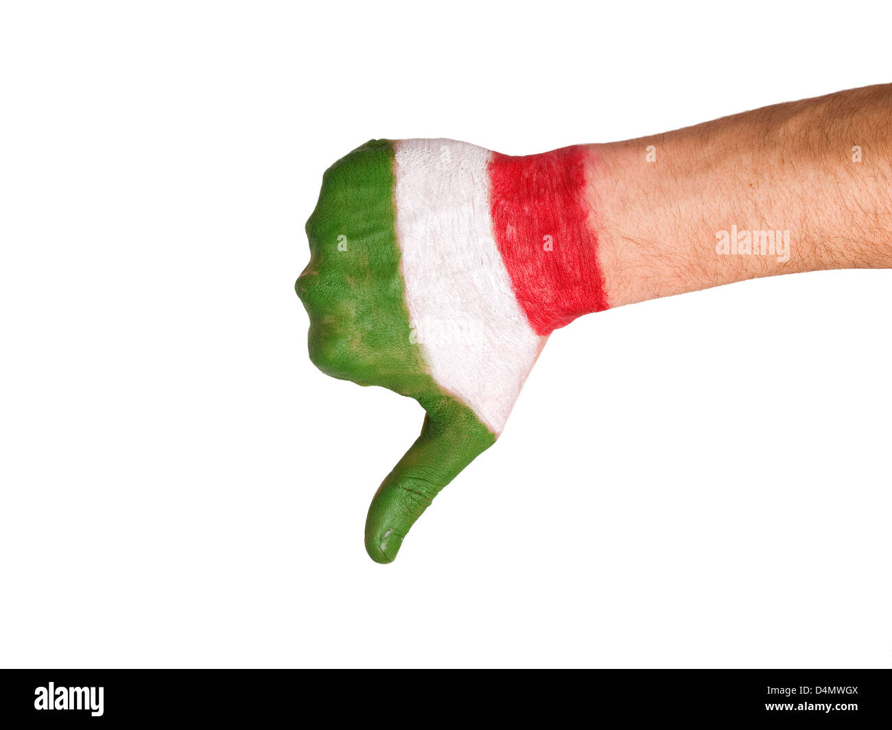 Dipinto a mano con la bandiera dell'Italia esprimendo la negatività e isolato su sfondo bianco Foto Stock