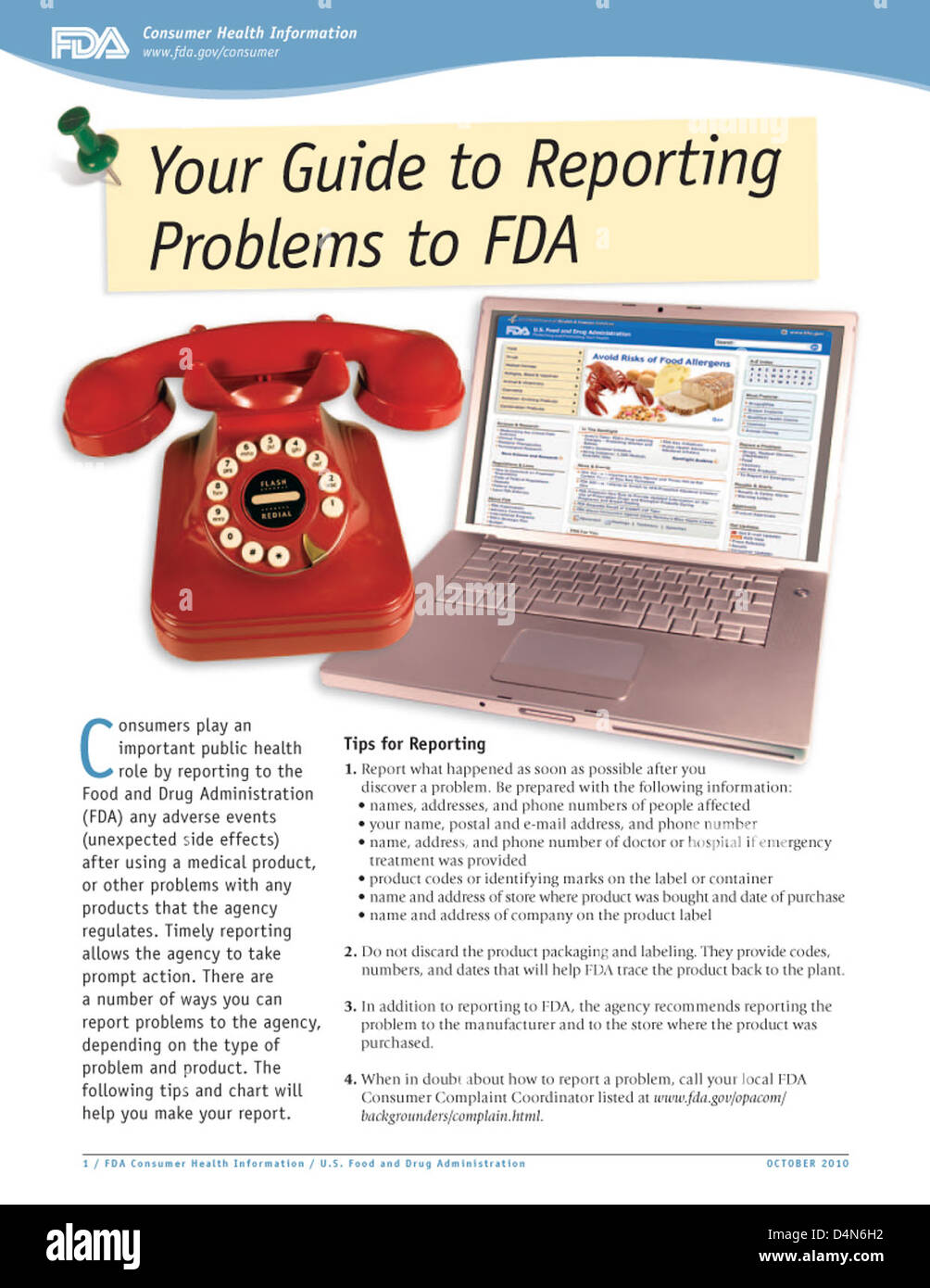 La FDA fornisce indicazioni per i consumatori sulla segnalazione di eventi avversi o problemi relativi ai prodotti. Il programma MedWatch consente agli individui di segnalare reazioni avverse, effetti collaterali e problemi di prodotto direttamente alla FDA. Ciò aiuta a monitorare la sicurezza di alimenti, farmaci e altri prodotti. Foto Stock