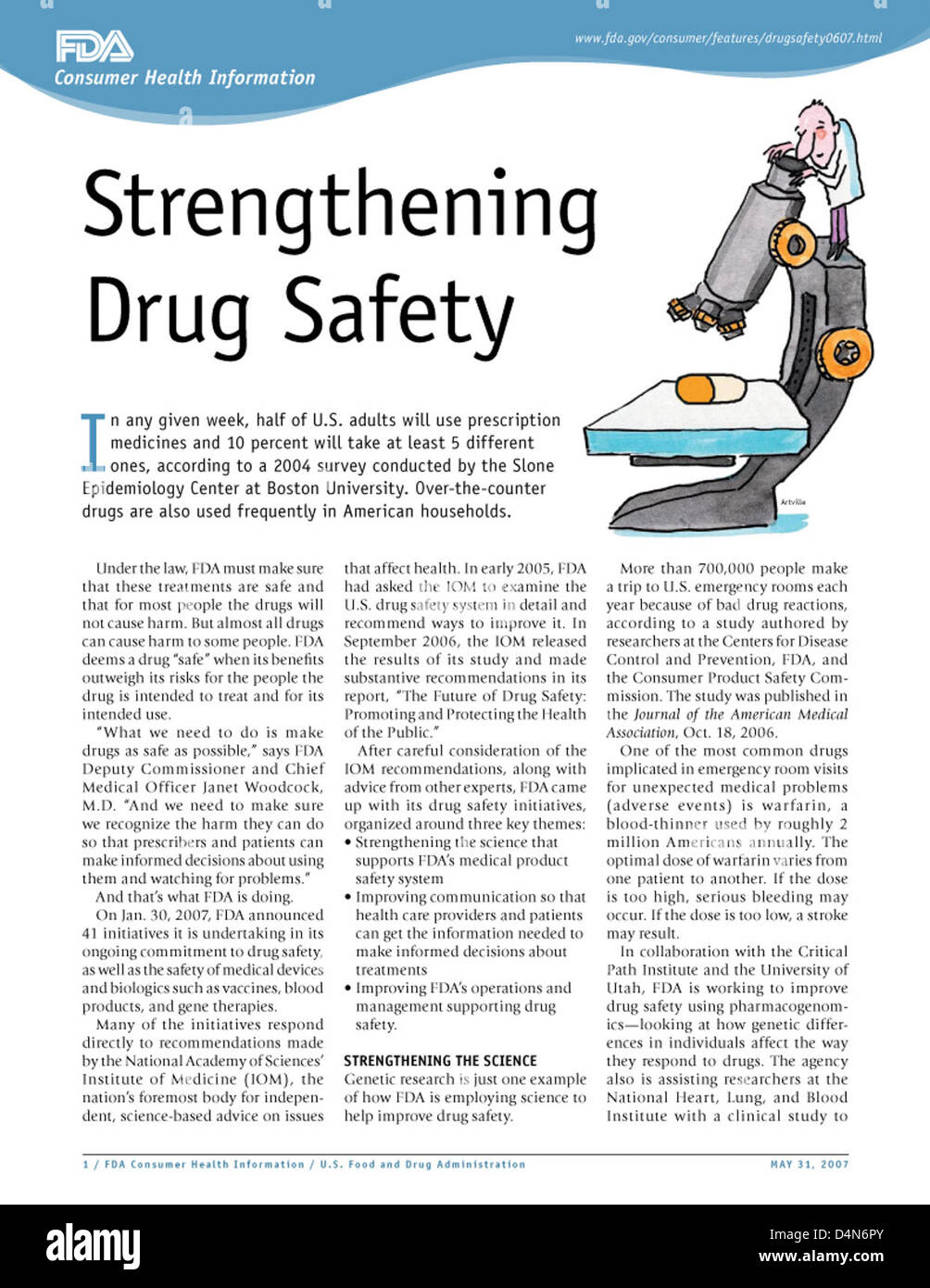 L'iniziativa dell'Institute of Medicine si concentra sul rafforzamento della sicurezza dei farmaci attraverso il programma Critical Path Drug Safety, con l'obiettivo di migliorare la regolamentazione e il monitoraggio degli eventi avversi nello sviluppo e nell'uso dei farmaci. Foto Stock
