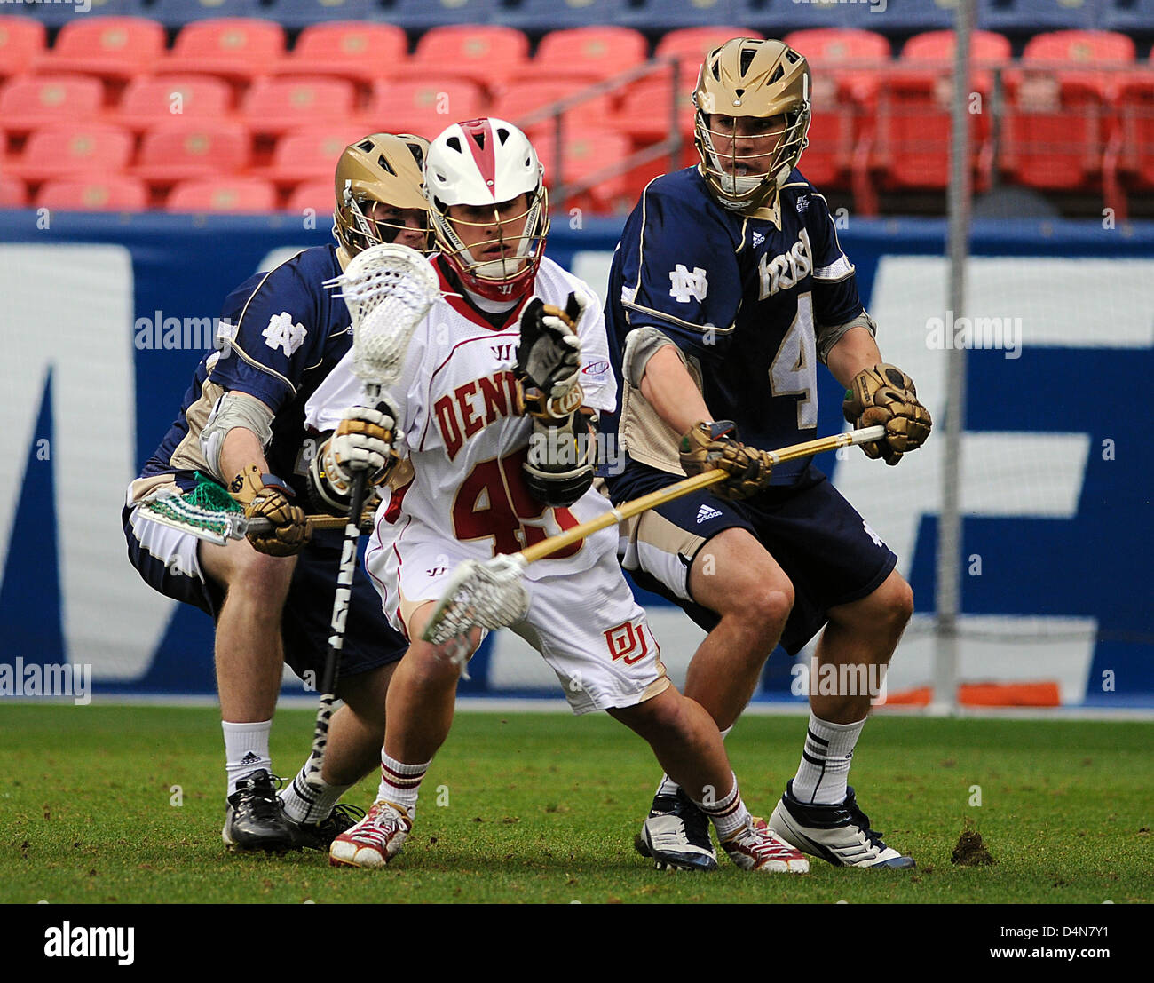 Marzo 16, 2013: Università di Denver, Jeremy nobile (45), in azione contro Notre Dame durante il Whitman il campionatore Mile High Classic, autorità sportive Field at Mile High, Denver, Colorado. Notre Dame sconfigge Denver 13-12 in ore di lavoro straordinario. Foto Stock