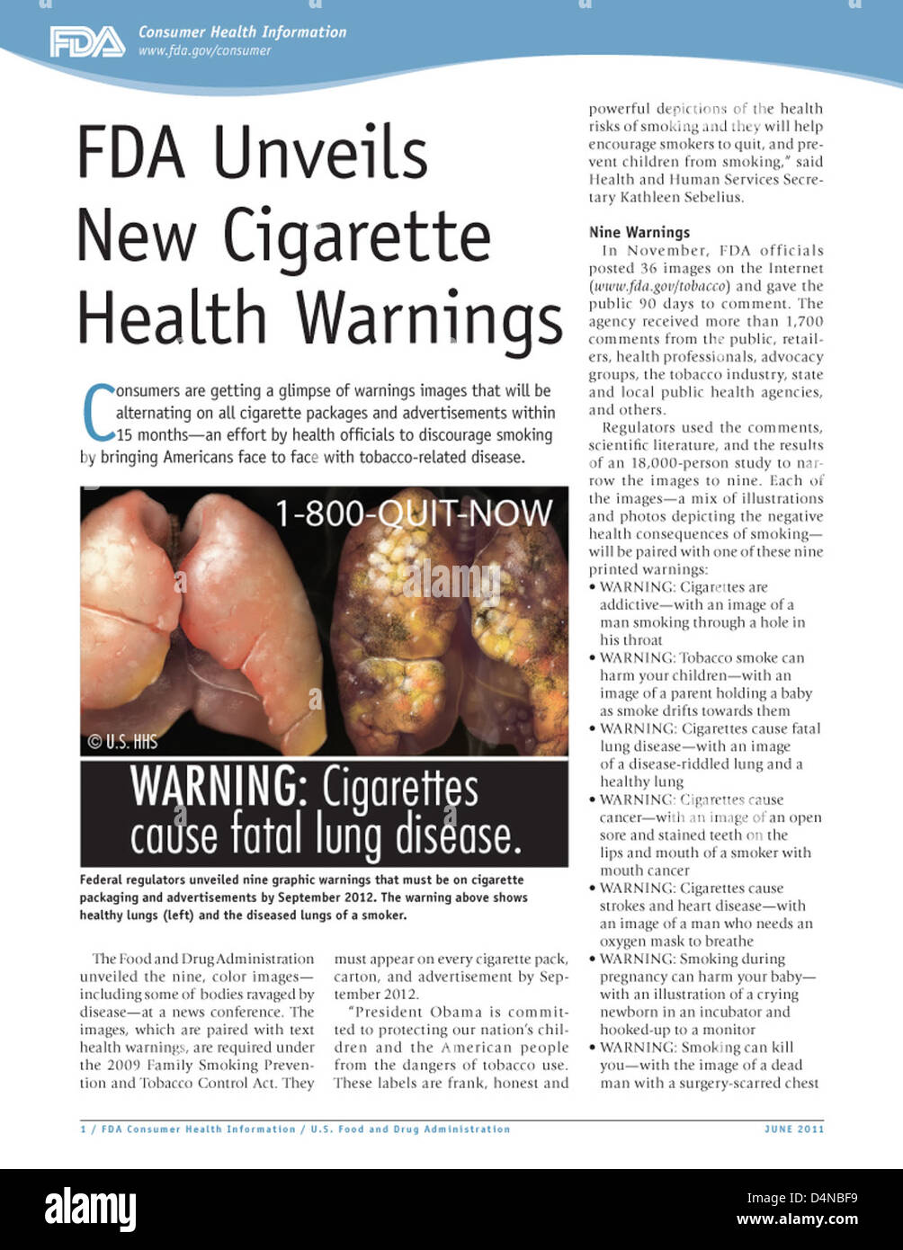 La FDA svela la nuova sigaretta avvertenze per la salute Foto Stock