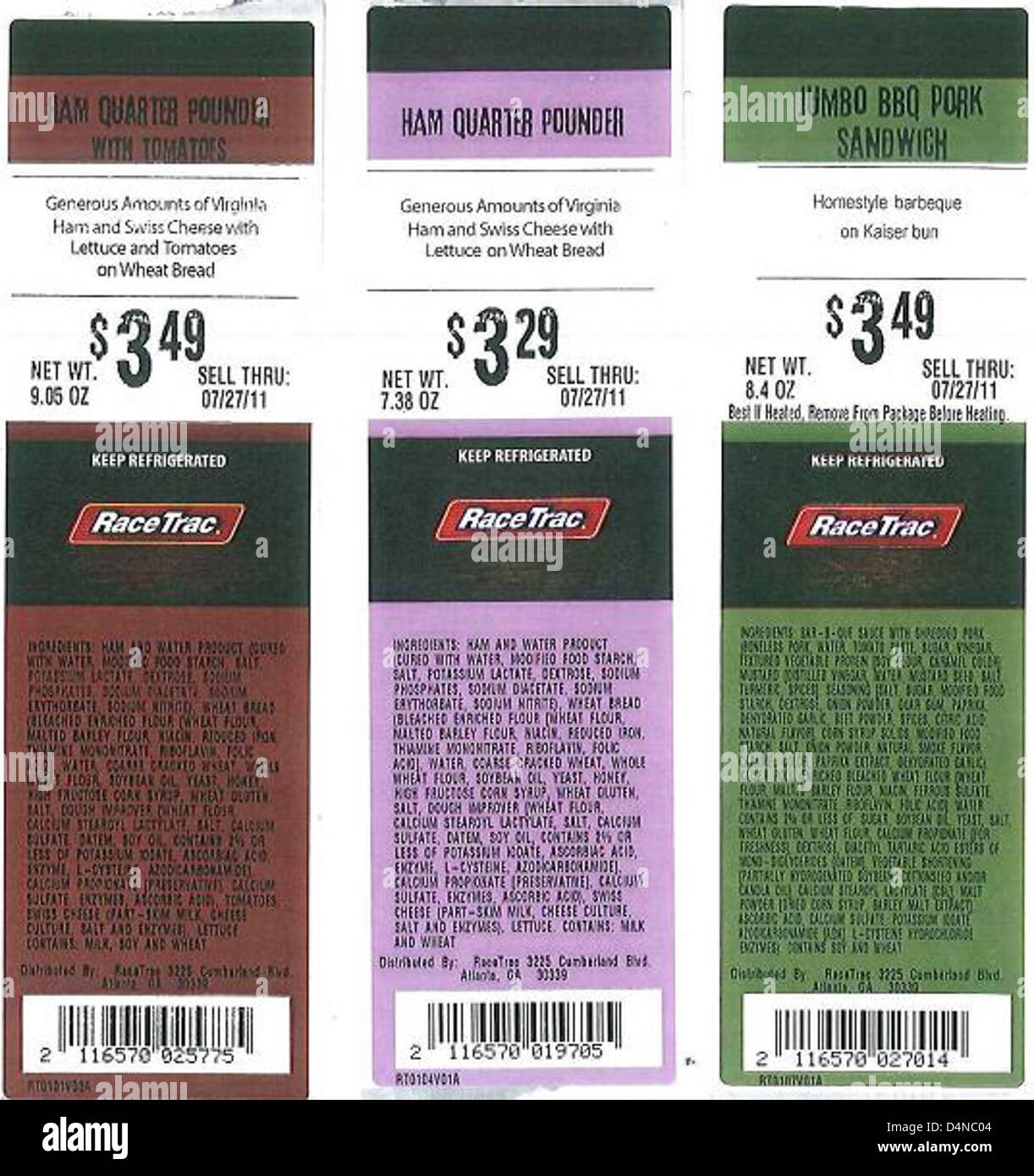 Core-mark Atlanta Division, Race Trac, Starbucks e Flying Food Group hanno pubblicato un richiamo per panini, parfait, involtini, piatti e insalate a causa di una potenziale contaminazione. Si consiglia ai clienti di restituire questi articoli per garantire la sicurezza. Foto Stock