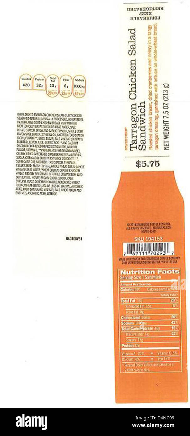 Per motivi di sicurezza alimentare, è stata pubblicata una campagna di richiamo per panini, parfait, involtini, piatti e insalate da Core-mark Atlanta Division, Race Trac, Starbucks e Flying Food Group. Si consiglia ai clienti di restituire gli articoli interessati. Foto Stock