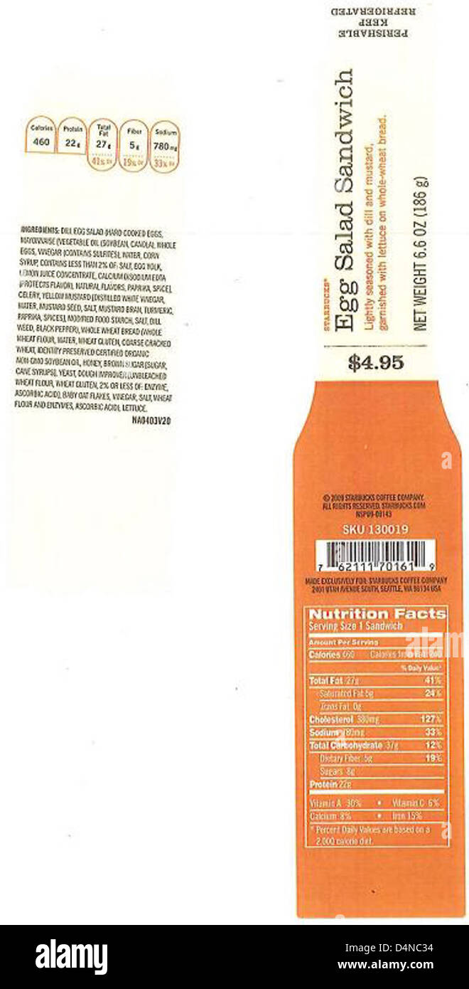 Core-Mark Atlanta Division, Race Trac e Starbucks Flying Food Group hanno ricordato panini, parfait, involtini, piatti e insalate per motivi di sicurezza alimentare. I consumatori devono controllare gli articoli interessati e gettarli per evitare rischi per la salute. Foto Stock