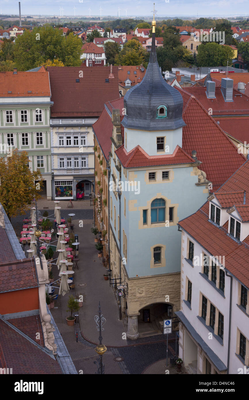 Vista dalla torre del palazzo comunale verso il Gotha, Turingia, Germania, Europa Foto Stock