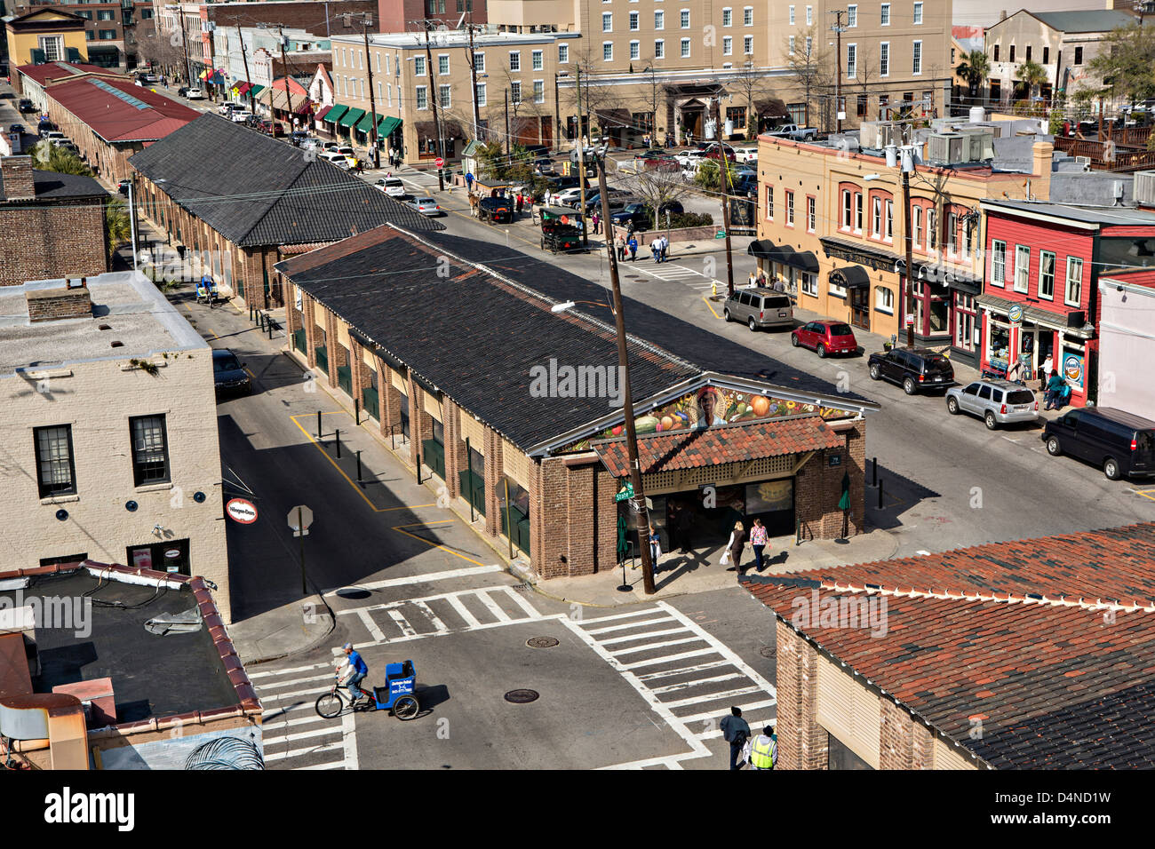 Vista aerea della storica città di Charleston mercato su Market Street a Charleston, Sc. Foto Stock