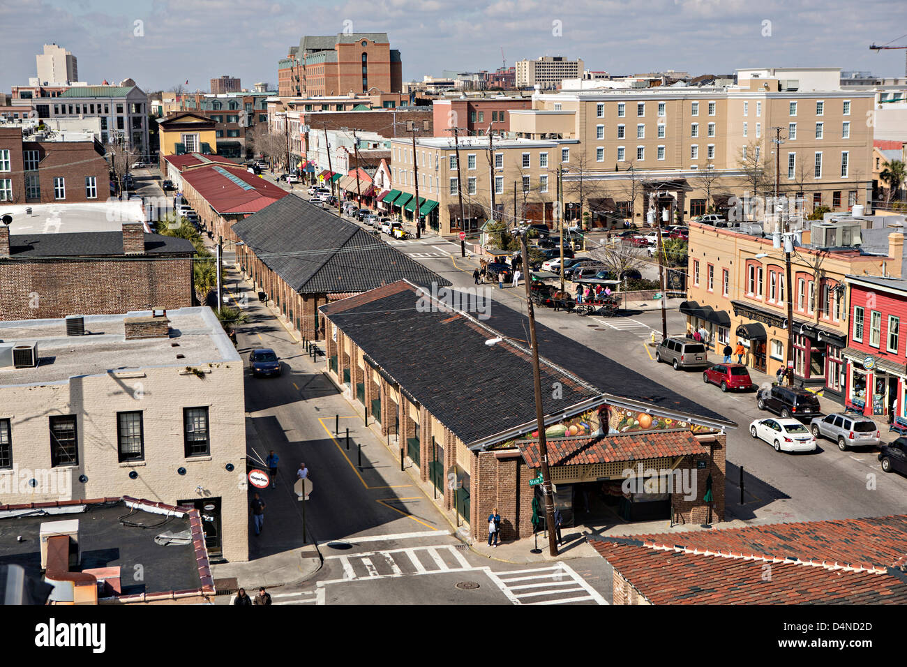 Vista aerea della storica città di Charleston mercato su Market Street a Charleston, Sc. Foto Stock