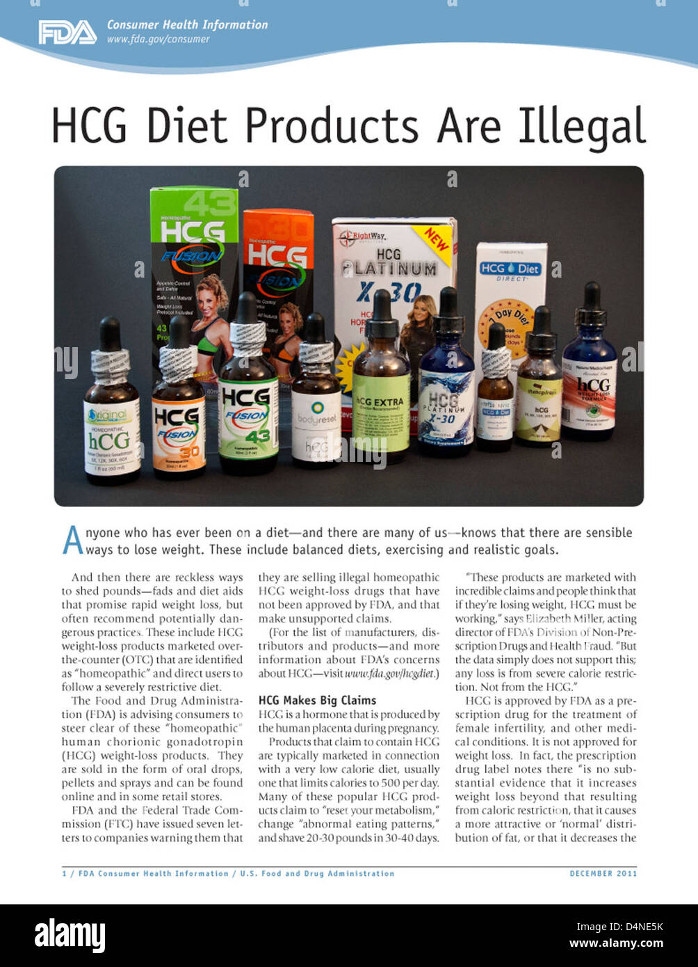 I prodotti dietetici HCG sono stati considerati illegali dalla FDA a causa di problemi di frode sanitaria. Questi prodotti, spesso commercializzati per la perdita di peso, contengono gonadotropina corionica umana (HCG) e non sono approvati per l'uso da banco. La FDA e la FTC hanno emesso avvertenze contro il loro utilizzo. Foto Stock
