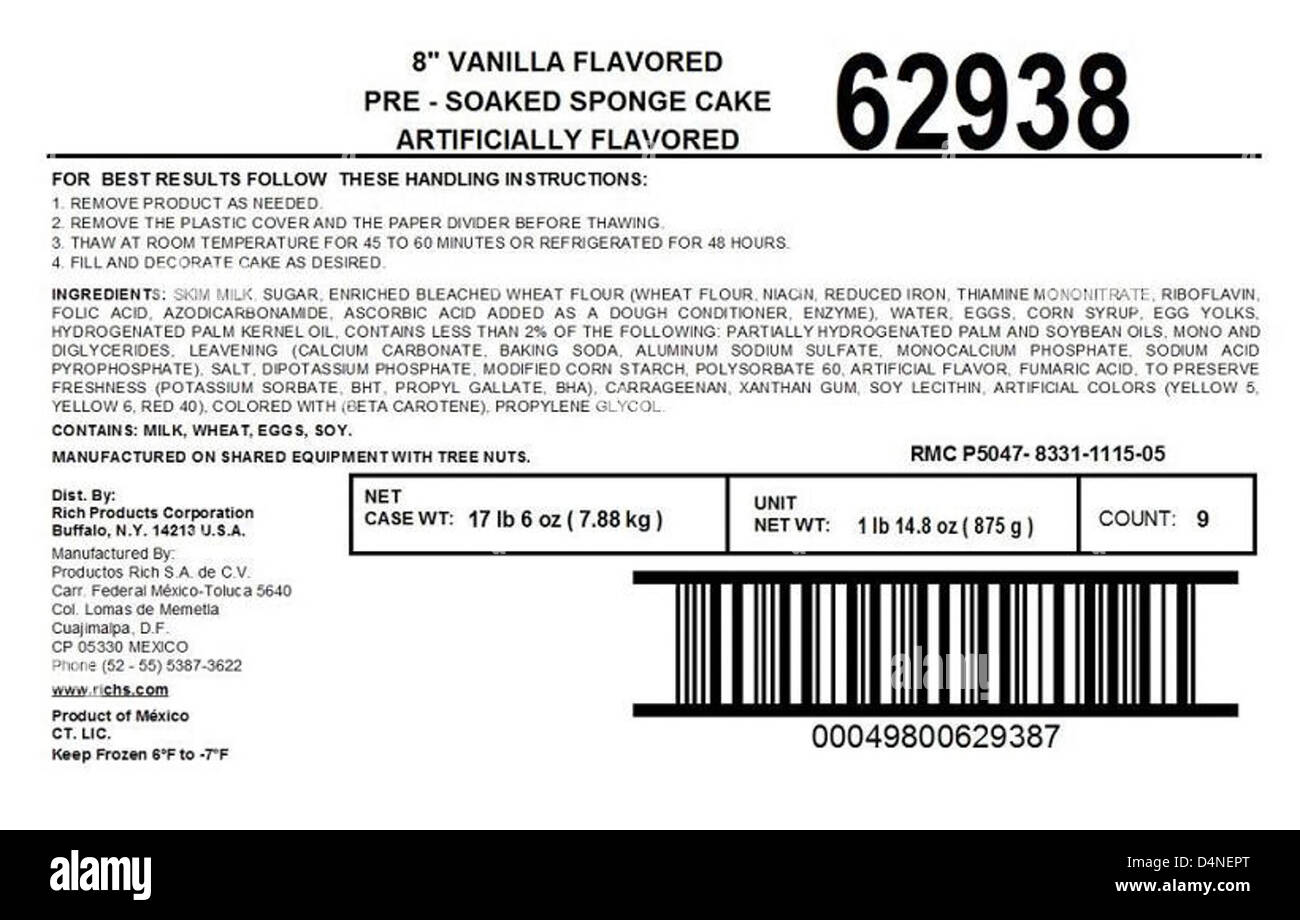 Rich Corporation ha pubblicato una campagna di richiamo per 8 prodotti di torta alla spugna preimbevuta al gusto di vaniglia a causa della potenziale contaminazione con sostanze nocive. I prodotti interessati non devono essere consumati e i clienti devono restituirli per ottenere un rimborso. Foto Stock