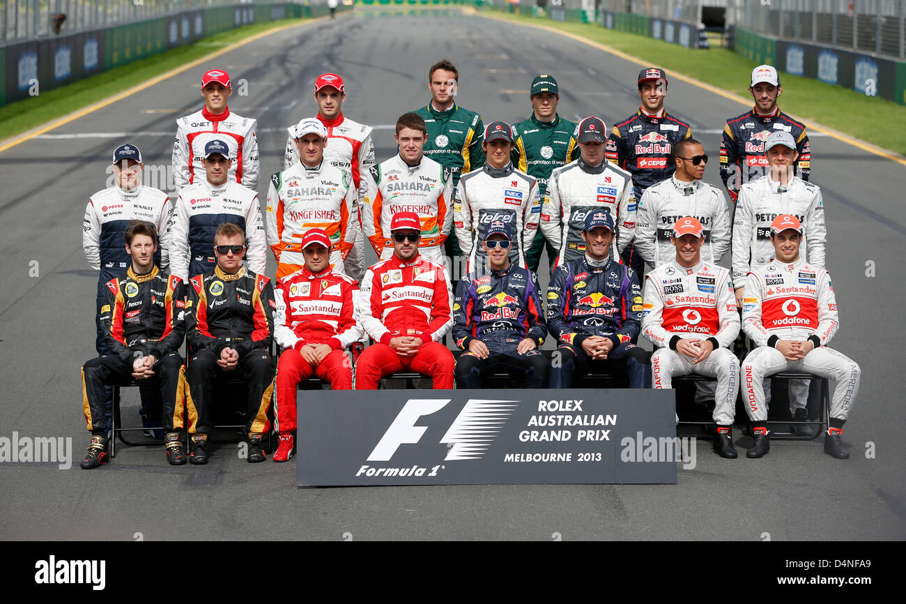 Motorsports: FIA Formula One World Championship 2013, il Gran Premio  d'Australia, tutti i driver - alle Fahrer, prima riga: #8 Romain Grosjean  (FRA, Team Lotus F1), #7 Kimi Raeikkoenen (FIN, Team Lotus