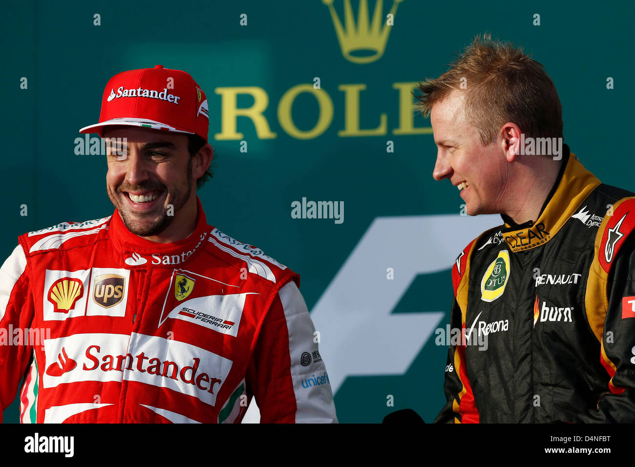 Motorsports: FIA Formula One World Championship 2013, il Gran Premio d'Australia, #3 Fernando Alonso (ESP, la Scuderia Ferrari), #7 Kimi Raeikkoenen (FIN, Team Lotus F1), Foto Stock
