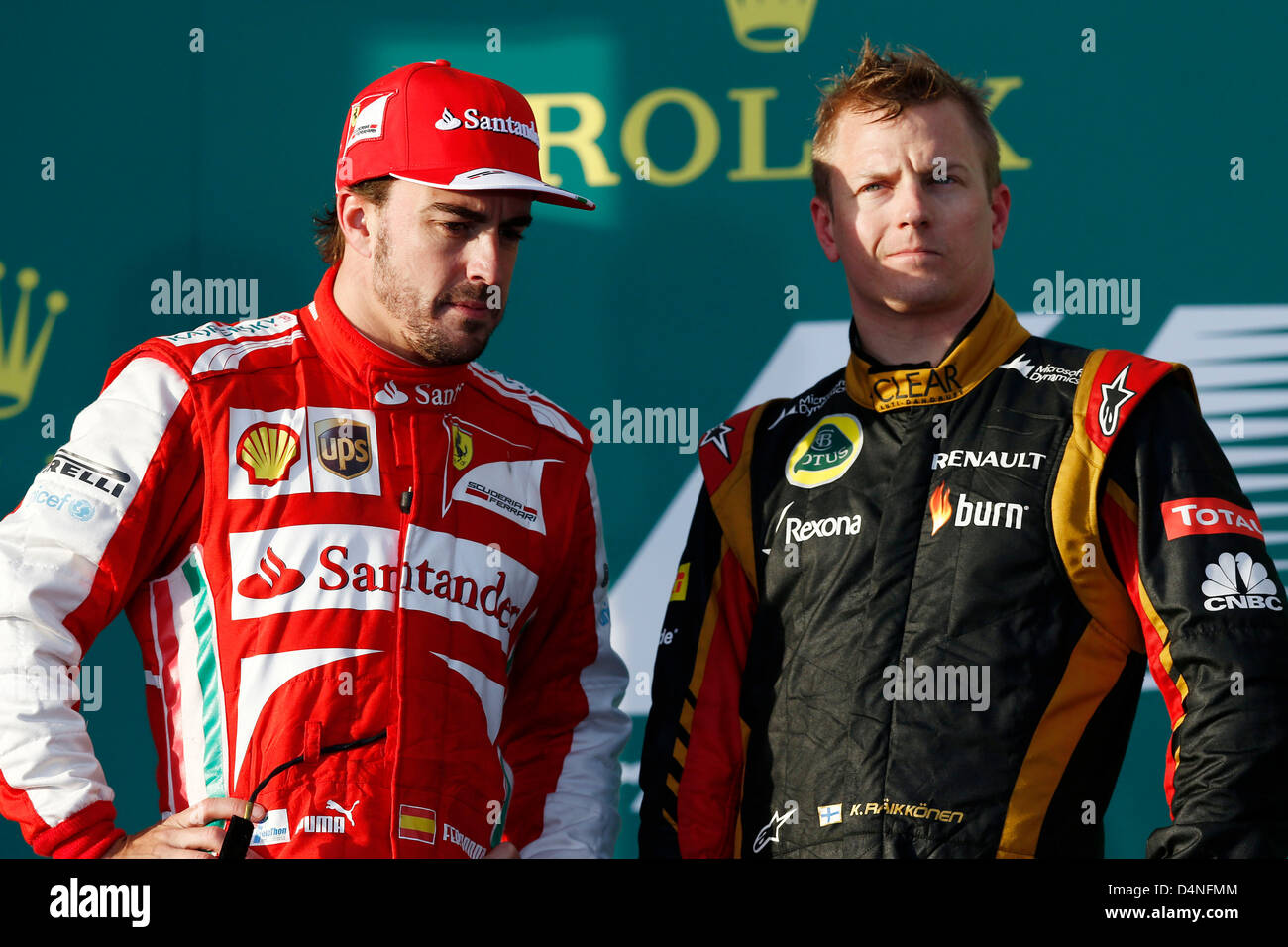 Motorsports: FIA Formula One World Championship 2013, il Gran Premio d'Australia, #3 Fernando Alonso (ESP, la Scuderia Ferrari), #7 Kimi Raeikkoenen (FIN, Team Lotus F1), Foto Stock