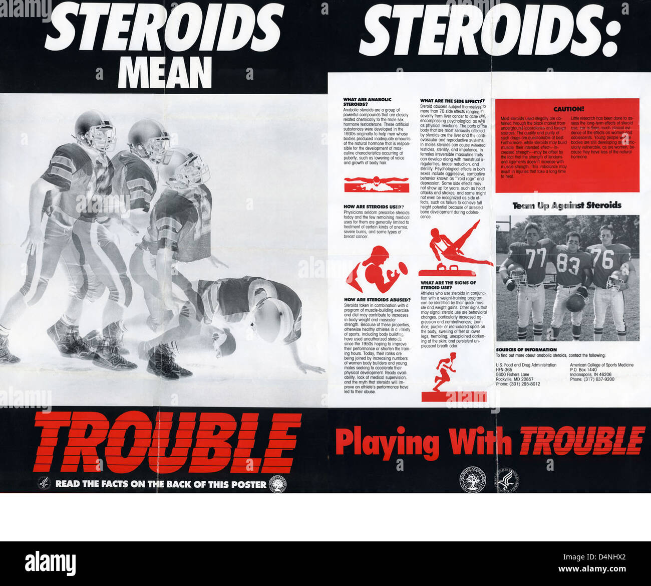 Il comunicato stampa degli anni '1980 sugli steroidi ha affrontato la prevenzione e l'applicazione dell'uso di droghe negli atleti, guidati dai dipartimenti di istruzione, salute e servizi umani, e giustizia. La campagna di servizio pubblico si è concentrata sull'educazione del pubblico al miglioramento della droga. Foto Stock