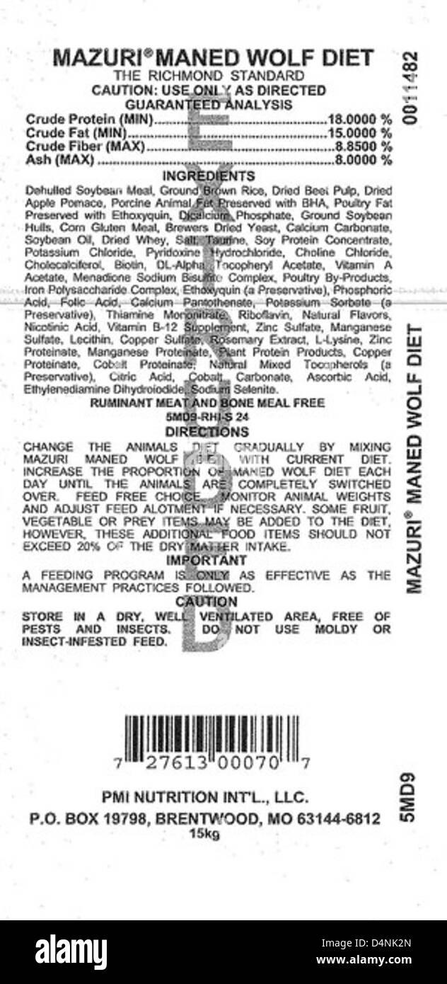 PMI Nutrition International ha richiamato i prodotti per l'alimentazione animale di LabDiet e Mazuri a causa dei rischi di contaminazione. I consumatori non dovrebbero utilizzare i prodotti interessati per animali da compagnia o bestiame. Foto Stock