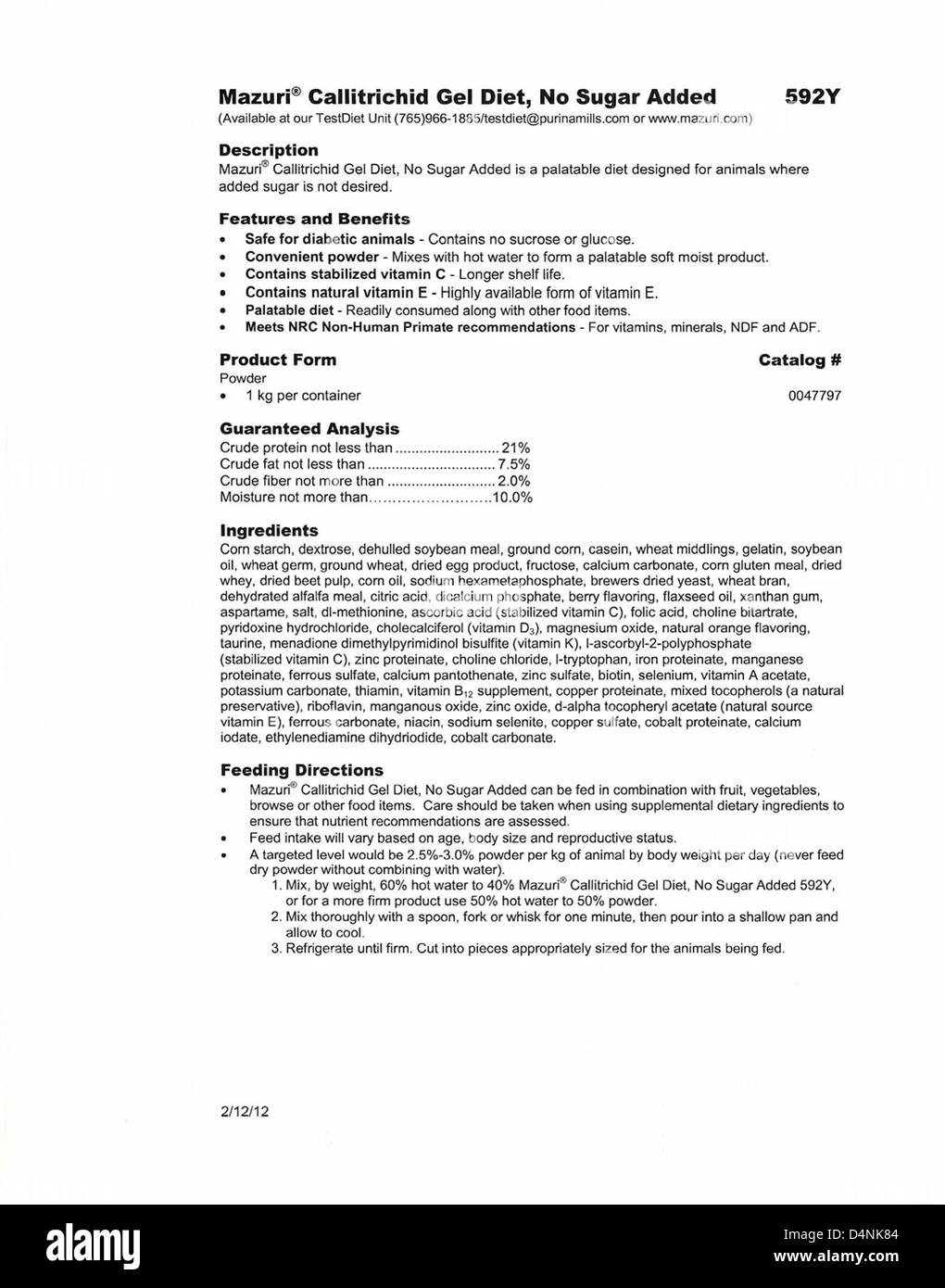 PMI Nutrition International ha richiamato prodotti per mangimi di marchi quali LabDiet e Mazuri a causa dei livelli elevati di vitamina. I consumatori dovrebbero evitare di somministrare agli animali i prodotti colpiti. Foto Stock