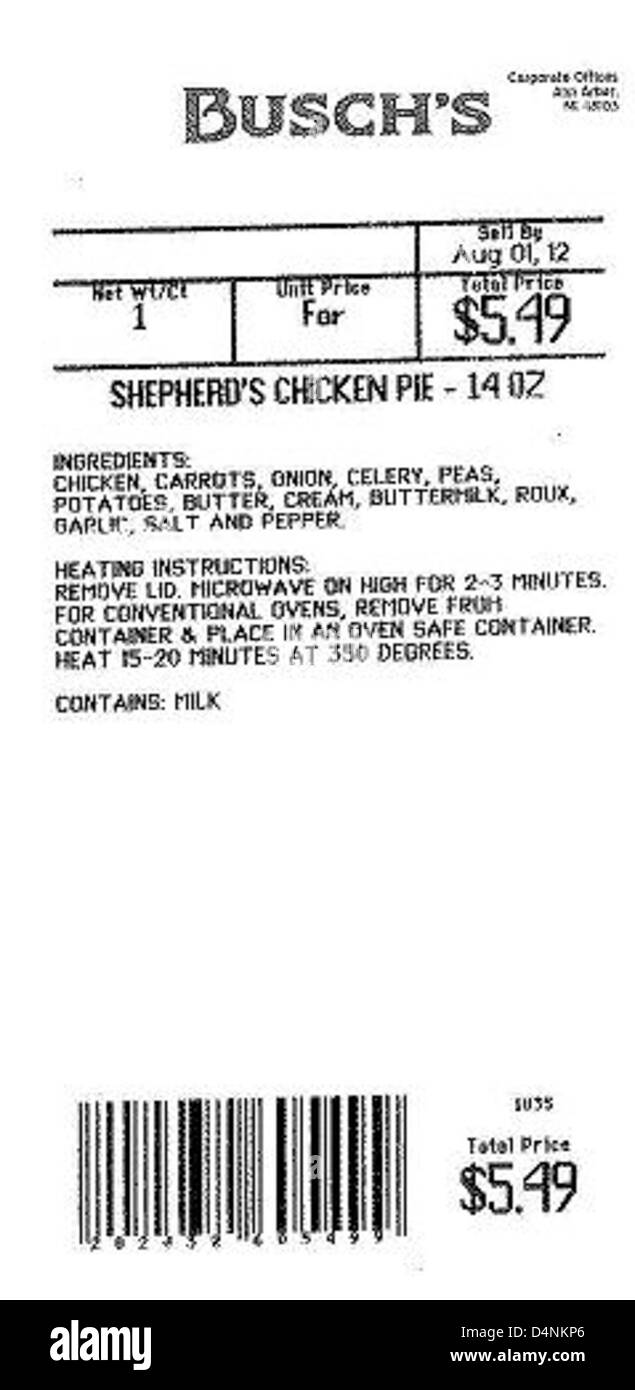 Busch's Fresh Food Market ha richiamato numerosi prodotti gastronomici per motivi di sicurezza. Si consiglia ai clienti di restituire immediatamente i prodotti interessati. Foto Stock
