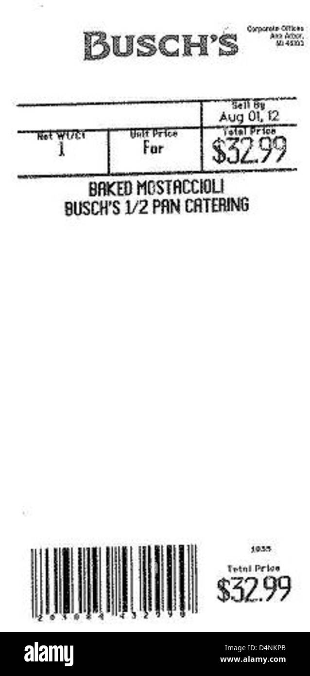 Busch's Fresh Food Market ha pubblicato un richiamo per diversi prodotti gastronomici a causa di una potenziale contaminazione. Gli articoli interessati devono essere immediatamente smaltiti. I clienti possono controllare i dettagli di acquisto per prodotti specifici. Foto Stock