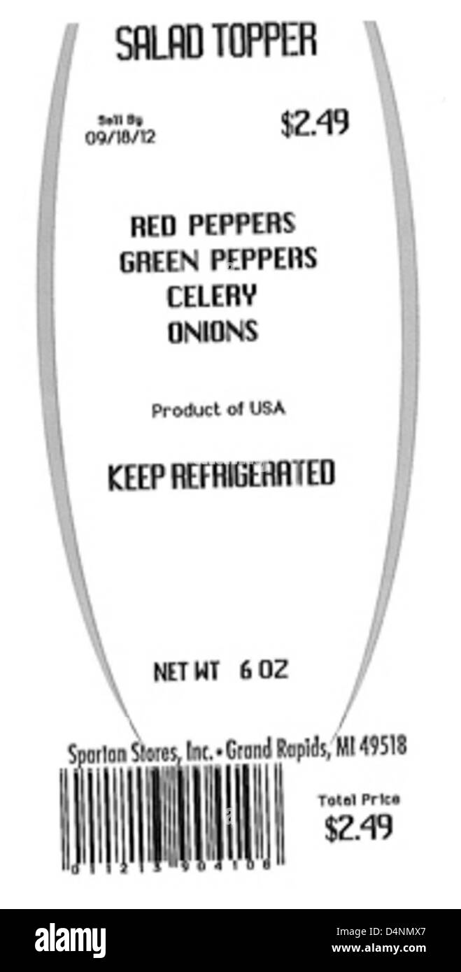 Spartan Stores ha pubblicato un richiamo per vari prodotti gastronomici a causa della contaminazione da Listeria monocytogenes. I clienti devono evitare di consumare gli articoli interessati e restituirli per ottenere un rimborso o smaltirli immediatamente. Foto Stock