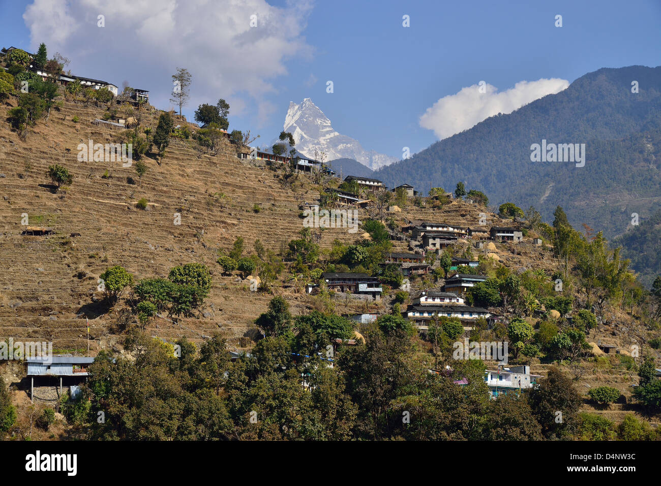Kilyu Village, vicino a modi River Valley, con montagna Machhapuchhre (coda di pesce) in background Foto Stock