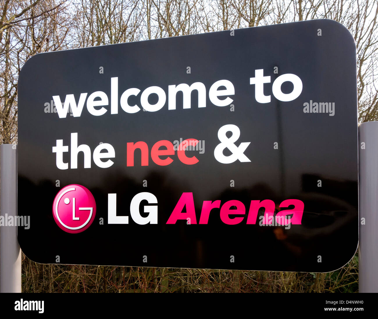 Firmare all'entrata per il centro espositivo NEC e LG Arena di Birmingham West Midlands, Regno Unito Foto Stock