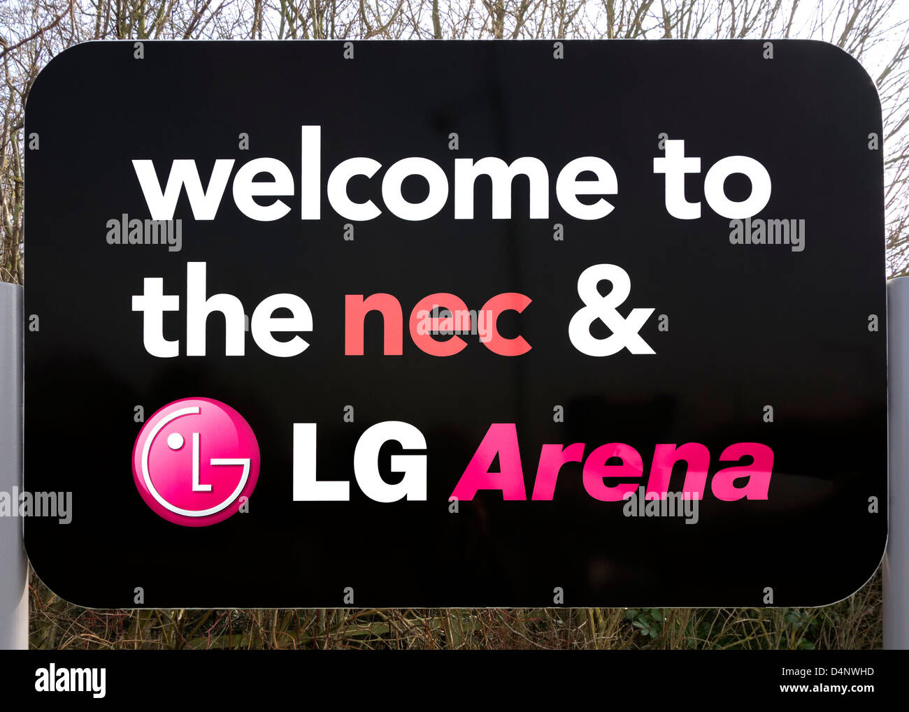 Firmare all'entrata per il centro espositivo NEC e LG Arena di Birmingham West Midlands, Regno Unito Foto Stock