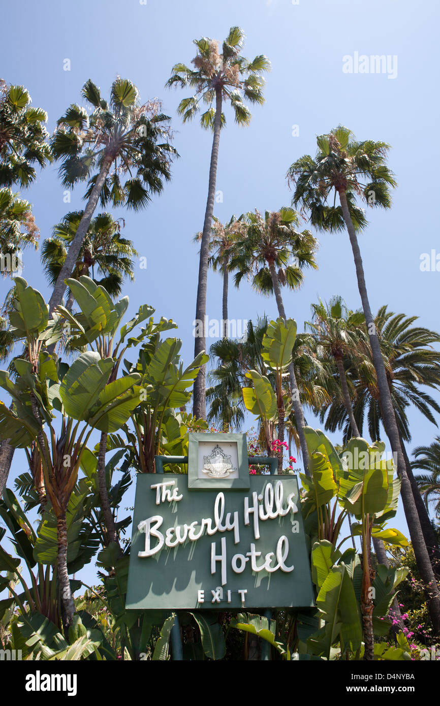 L'Hotel Beverly Hills uscita segno, Los Angeles, California, Stati Uniti d'America Foto Stock