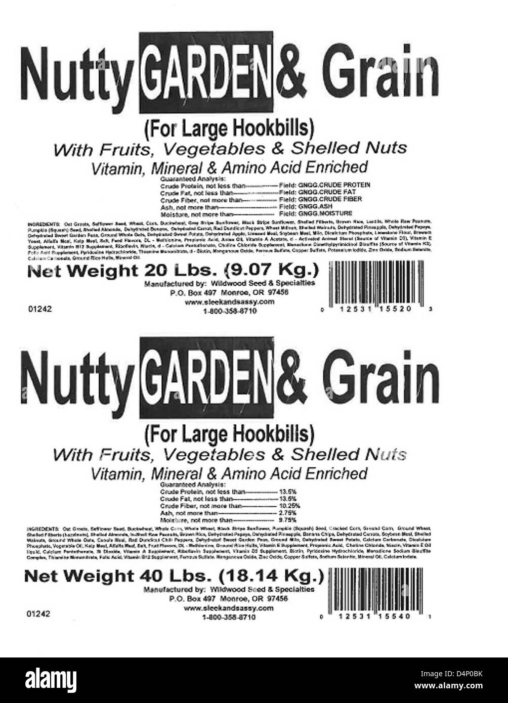 Sunland Peanut ha ricordato Wildwood Seed PET Foods a causa della possibile contaminazione da salmonella. I prodotti interessati non devono essere nutriti con animali domestici e si consiglia ai consumatori di restituirli per ottenere un rimborso. Foto Stock