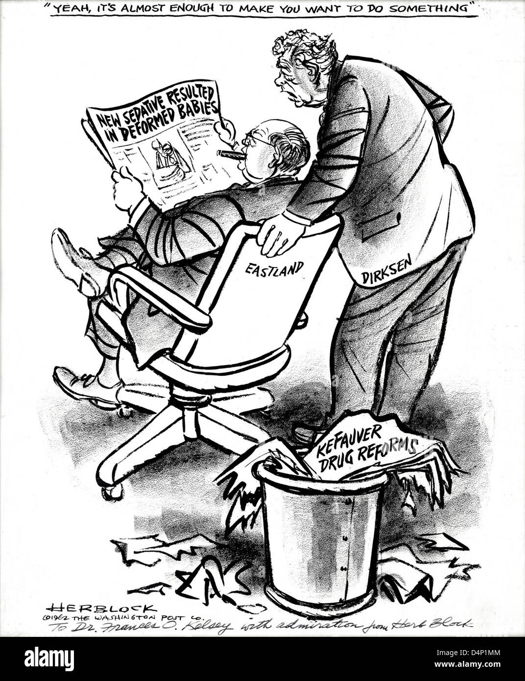 Questo cartone animato politico degli anni '1960 di Herb Block critica le riforme della droga di Kefauver, concentrandosi sulle preoccupazioni per la sicurezza della droga e la tragedia di Thalidomide. Il cartone raffigura politici come il senatore Everett Dirksen e il senatore James Eastland che discutono delle riforme della regolamentazione della droga. Foto Stock