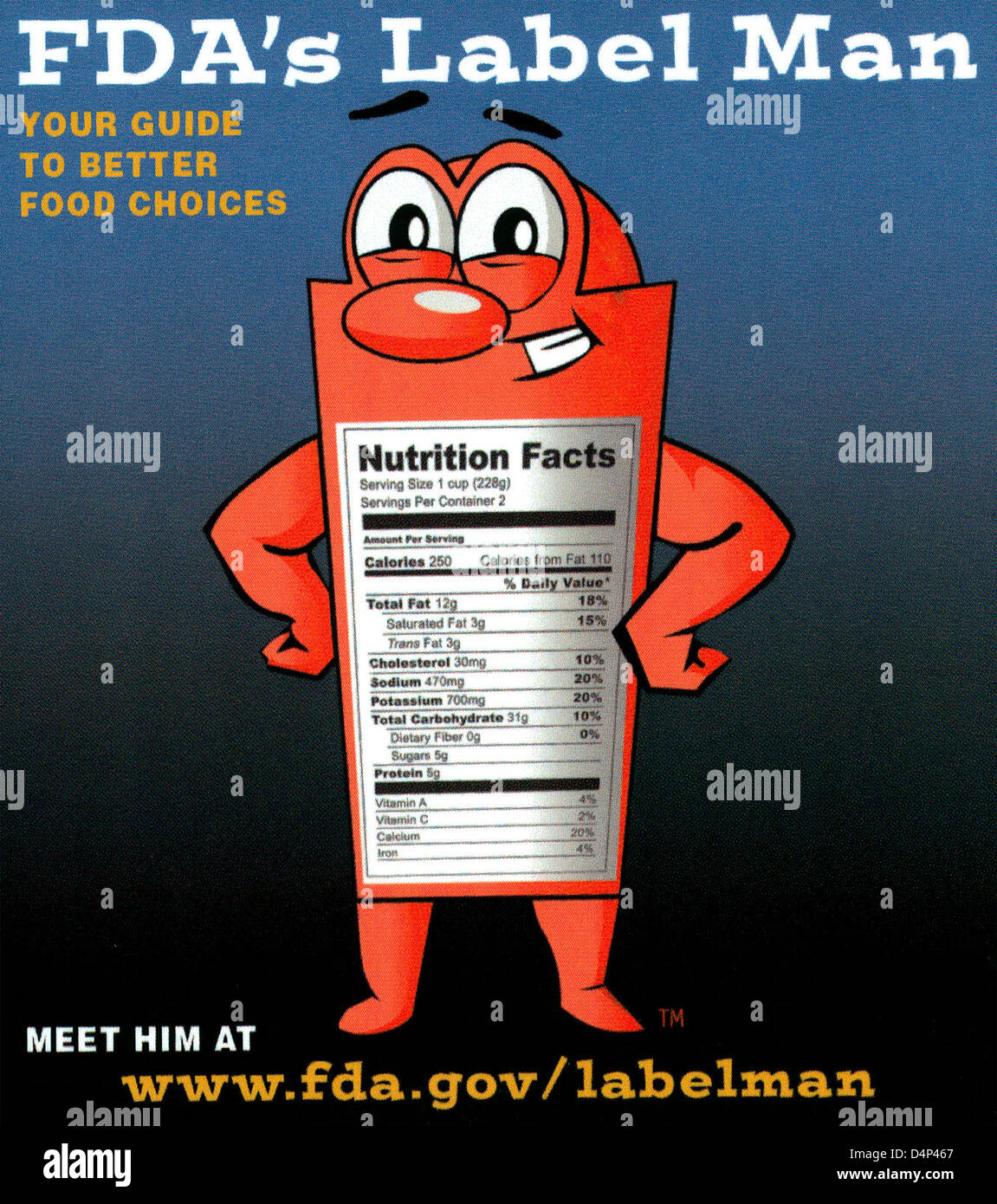 La FDA introduce un annuncio educativo sull'etichetta Nutrition Facts, incentrato su nutrienti chiave come calcio, vitamina C, fibre, carboidrati e grassi, per aiutare i consumatori a fare scelte dietetiche informate. Foto Stock