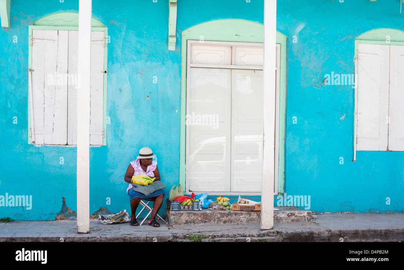 Una donna la vendita di frutta e verdura fresca in strada in Speightstown, Barbados, Caraibi Foto Stock