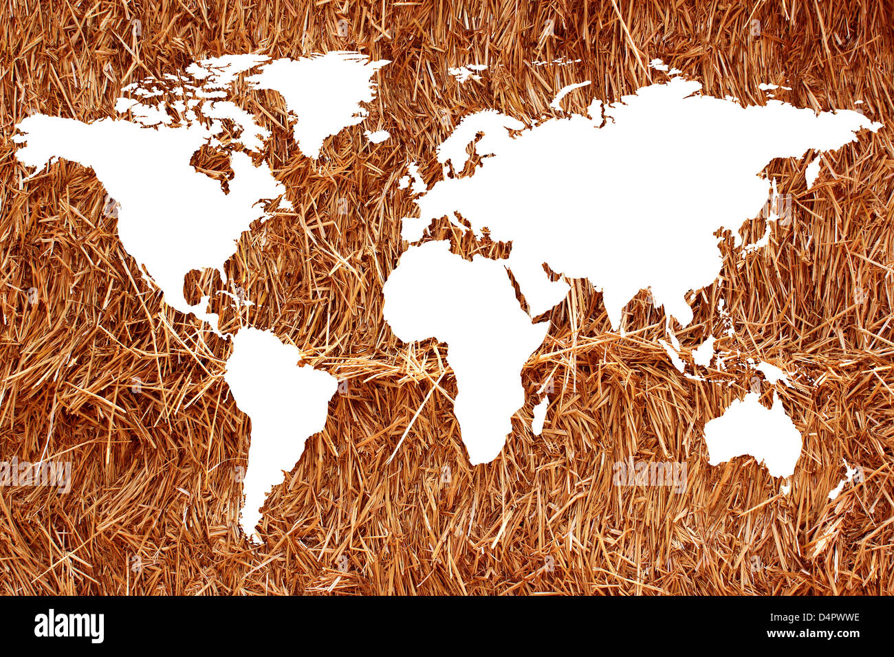 Un planisfero o una mappa del mondo su uno sfondo di paglia o fieno per l'agricoltura biologica Foto Stock