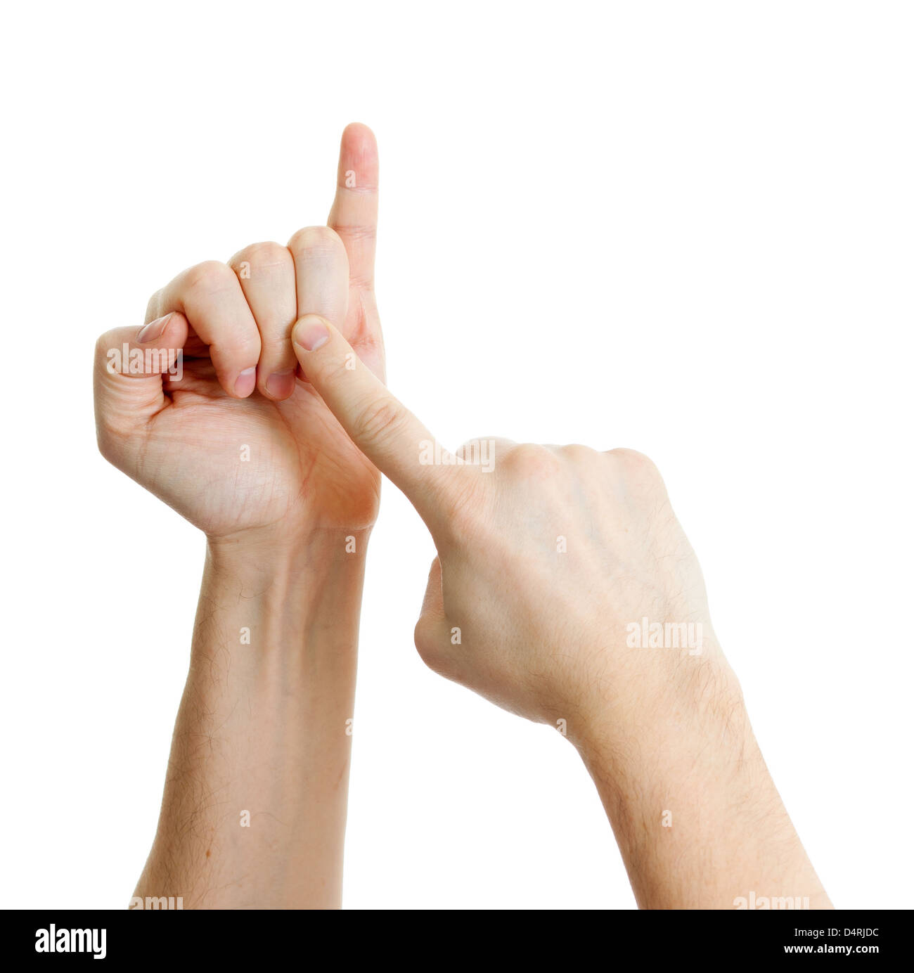 Contare sulle dita maschio isolato su bianco Foto Stock
