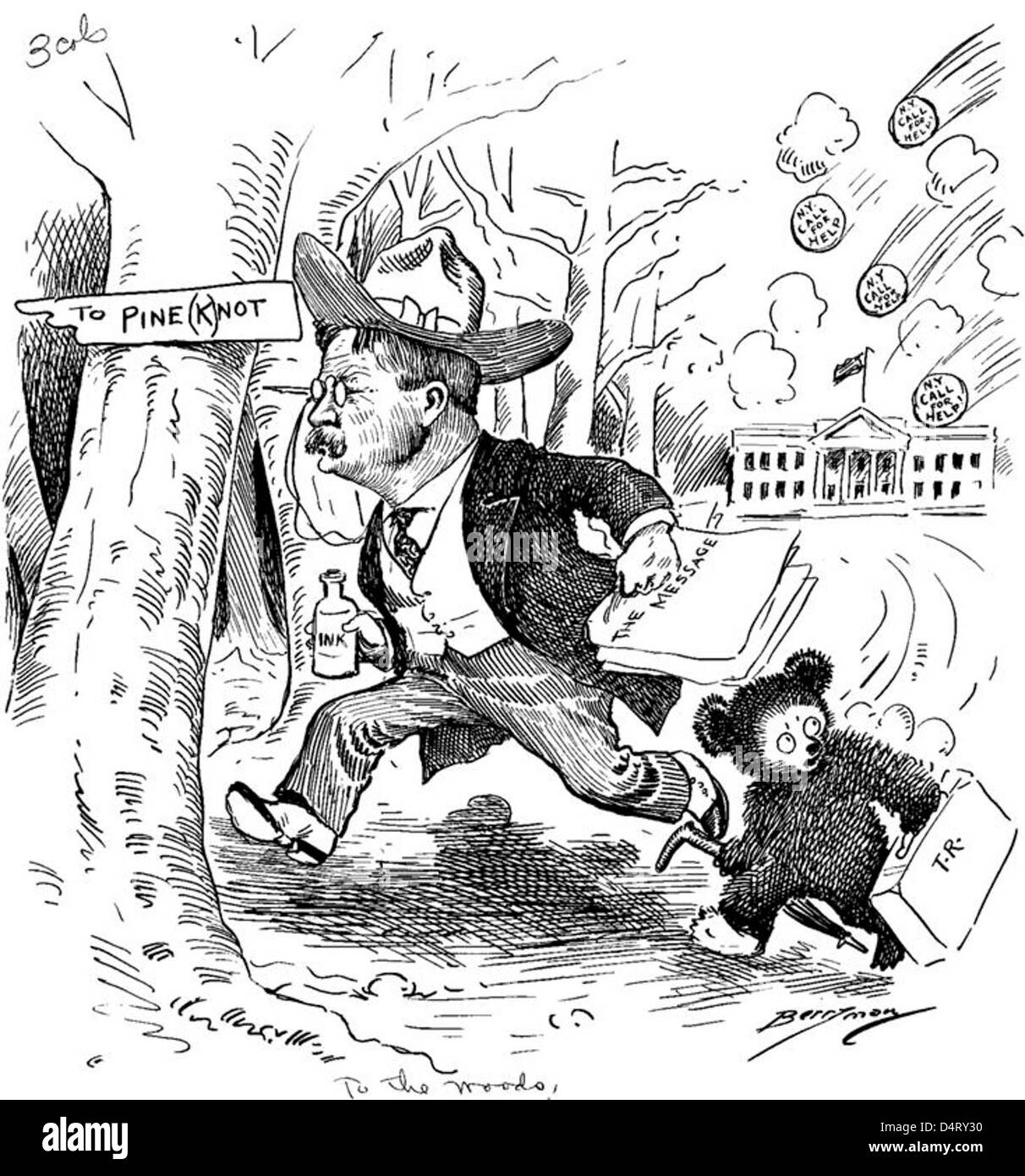 "Per i boschi!" cartone animato con presidente Theodore Roosevelt e l'orsacchiotto carattere Foto Stock