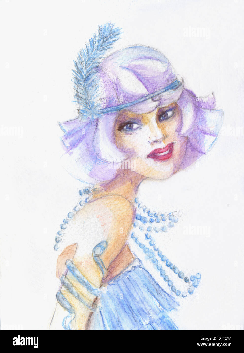 Disegno ad acquerello di carino timido sorridente bambina nella fragorosa 20-stile di s. Foto Stock