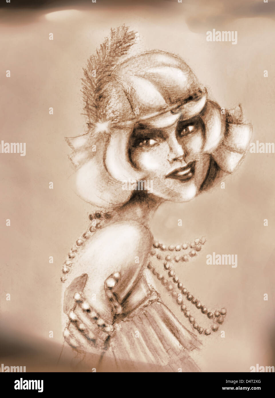 Invecchiata digitalmente disegno ad acquerello di carino timido sorridente bambina nella fragorosa 20-stile di s. Foto Stock