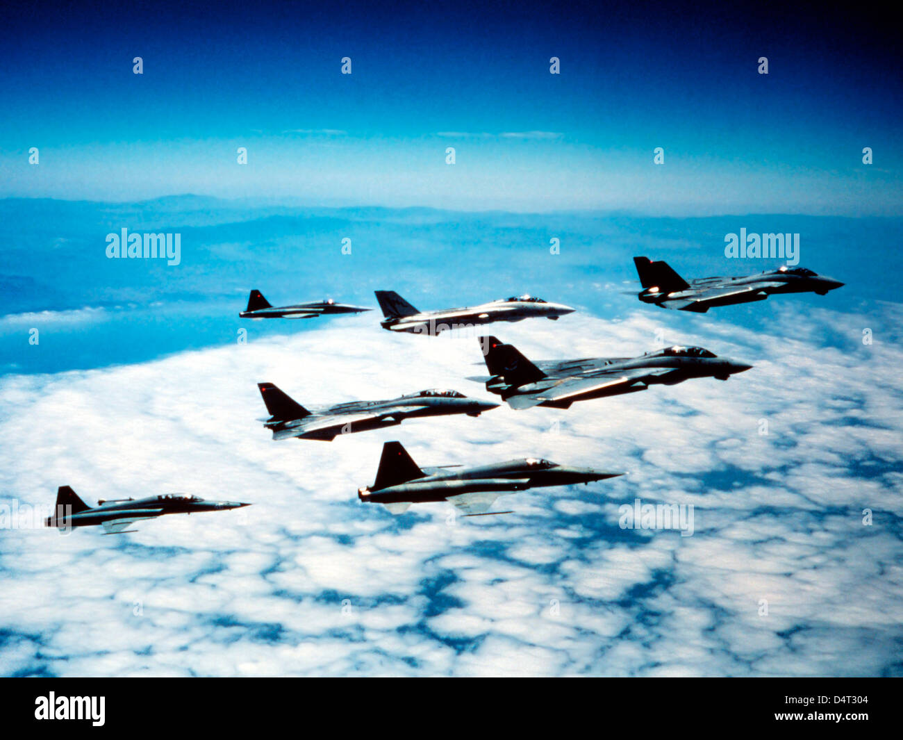 Quattro F-14 Tomcats e tre F-5 Tiger IIs in volo. Foto Stock
