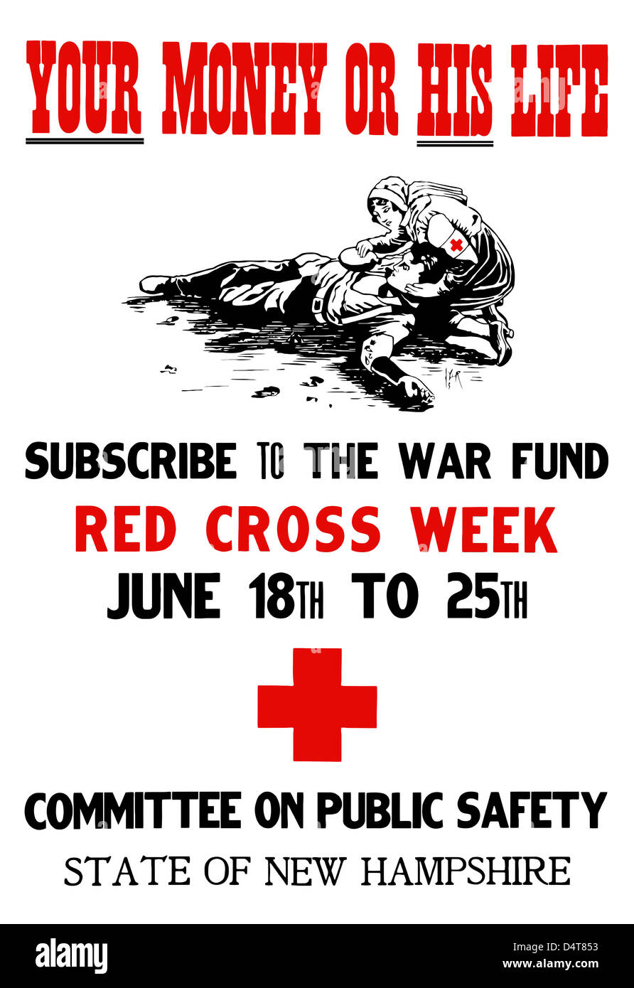 Vintage la guerra mondiale I poster di una croce rossa infermiera aiutando un soldato ferito. Foto Stock