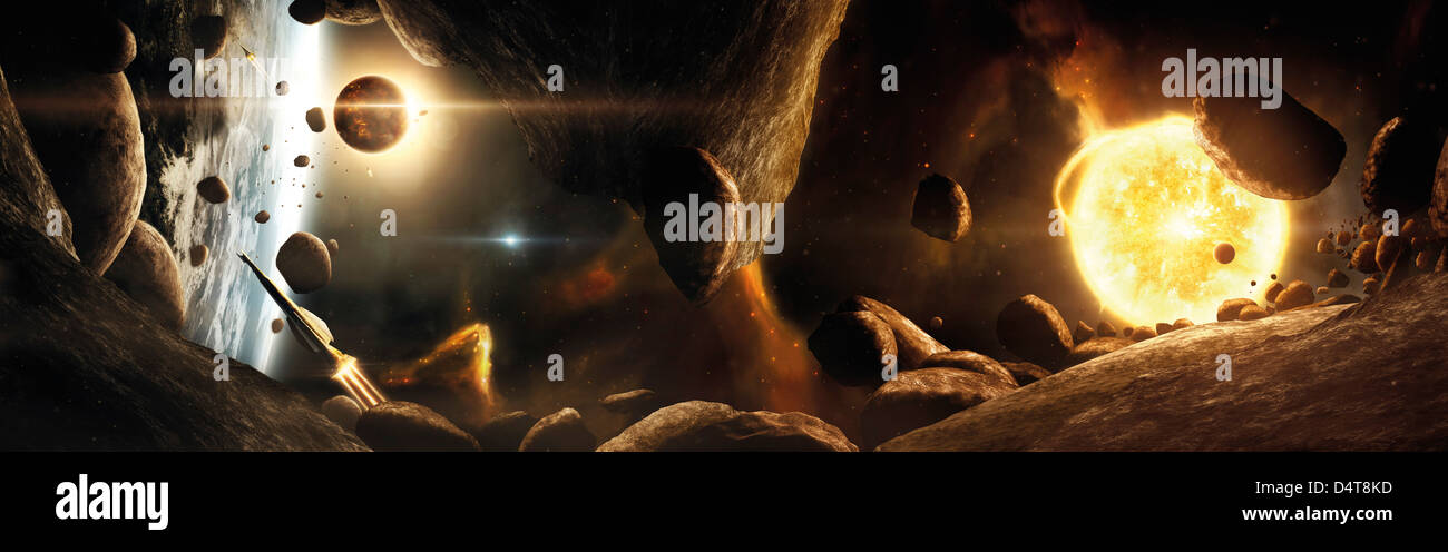Un asteroide campo accanto a una massa-come il pianeta in un doppio sistema star. Foto Stock