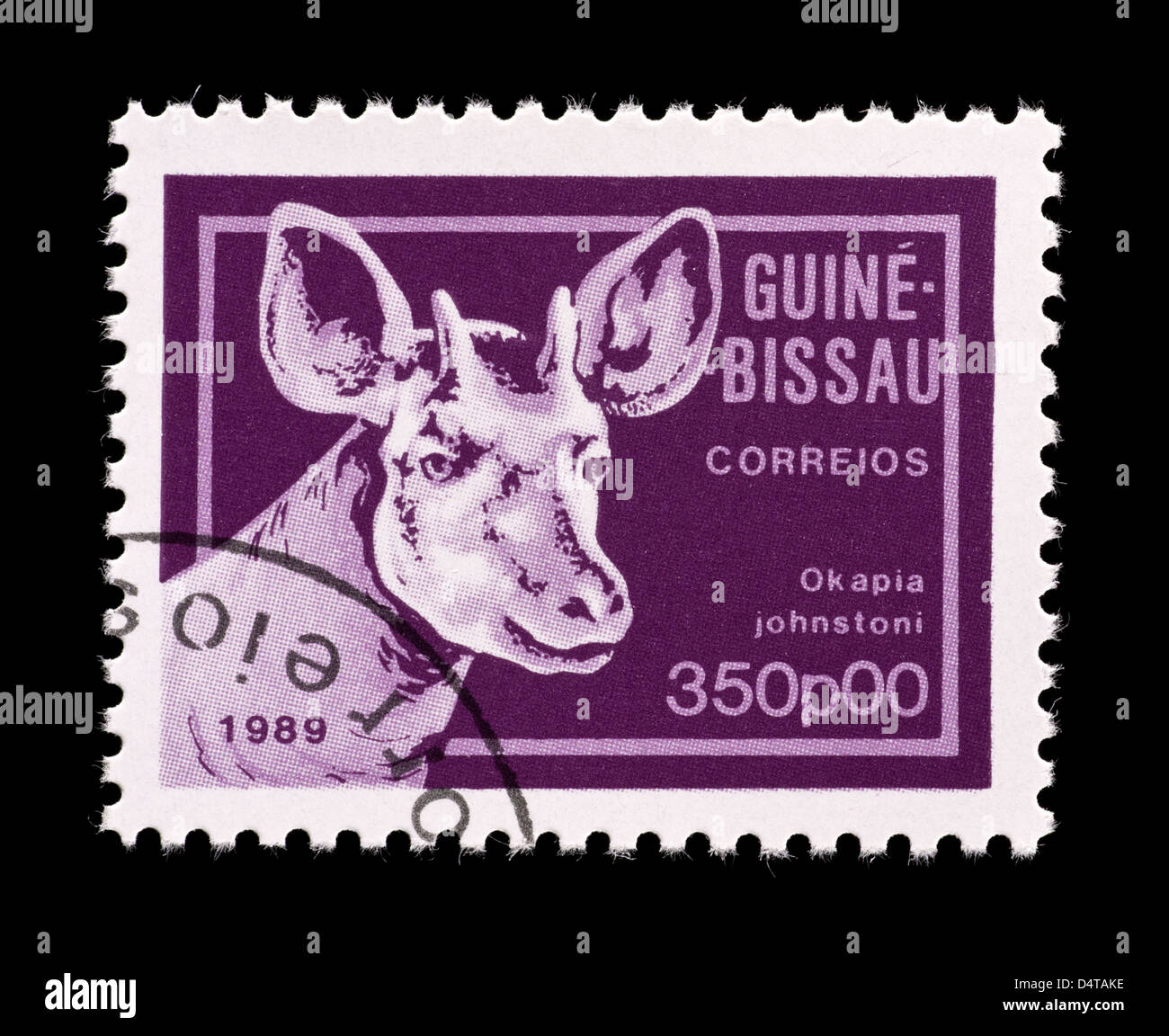 Francobollo della Guinea Bissau che raffigura un Okapi (Okapia johnstoni) Foto Stock