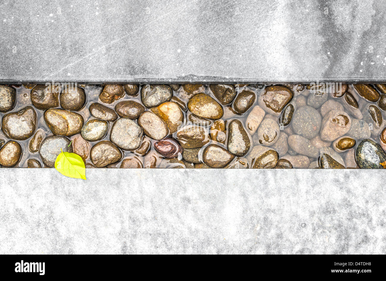 Percorso di ghiaia in acqua incorniciato con tavole di pietra. Punto luminoso su grigio pietra - small yellow leaf. Design esterno e decorazione. Ab Foto Stock