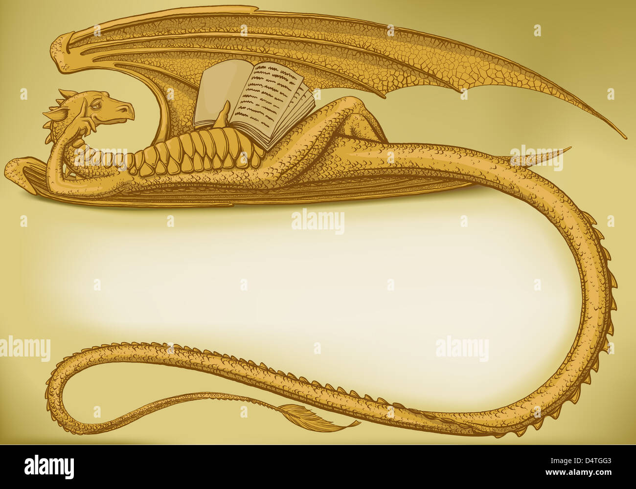 Golden Dragon che giace e legge un libro. La torsione di coda forma un telaio per il testo Foto Stock