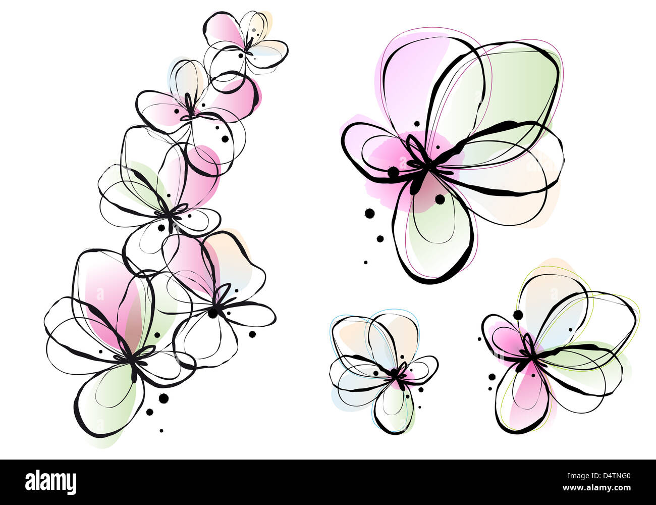 Abstract disegnati a mano fiori, inchiostro disegno e pittura ad acquarello, arte digitale Foto Stock