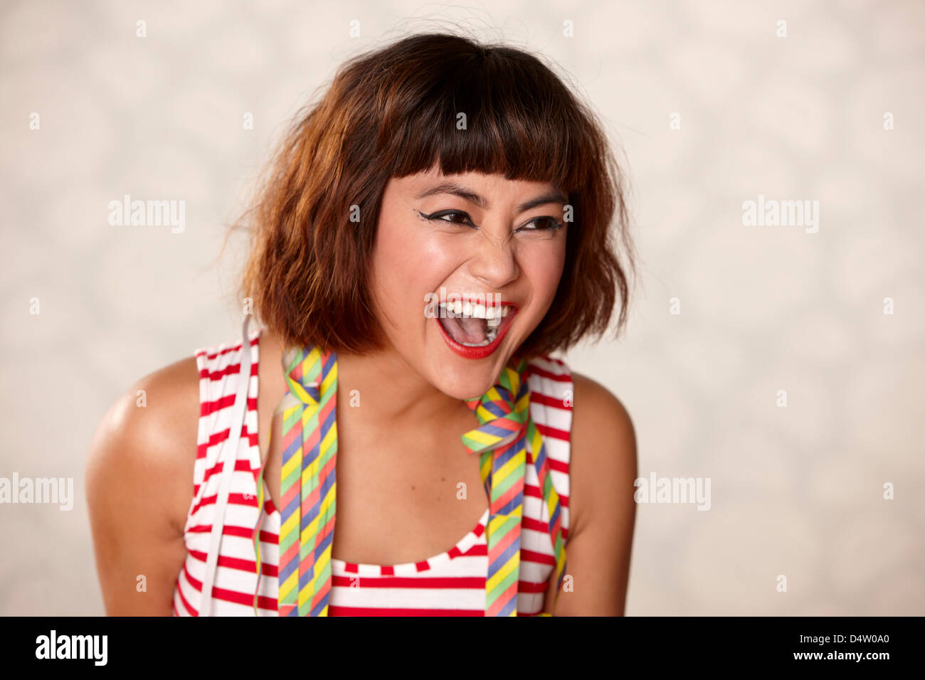 Close up di donna faccia ridere Foto Stock