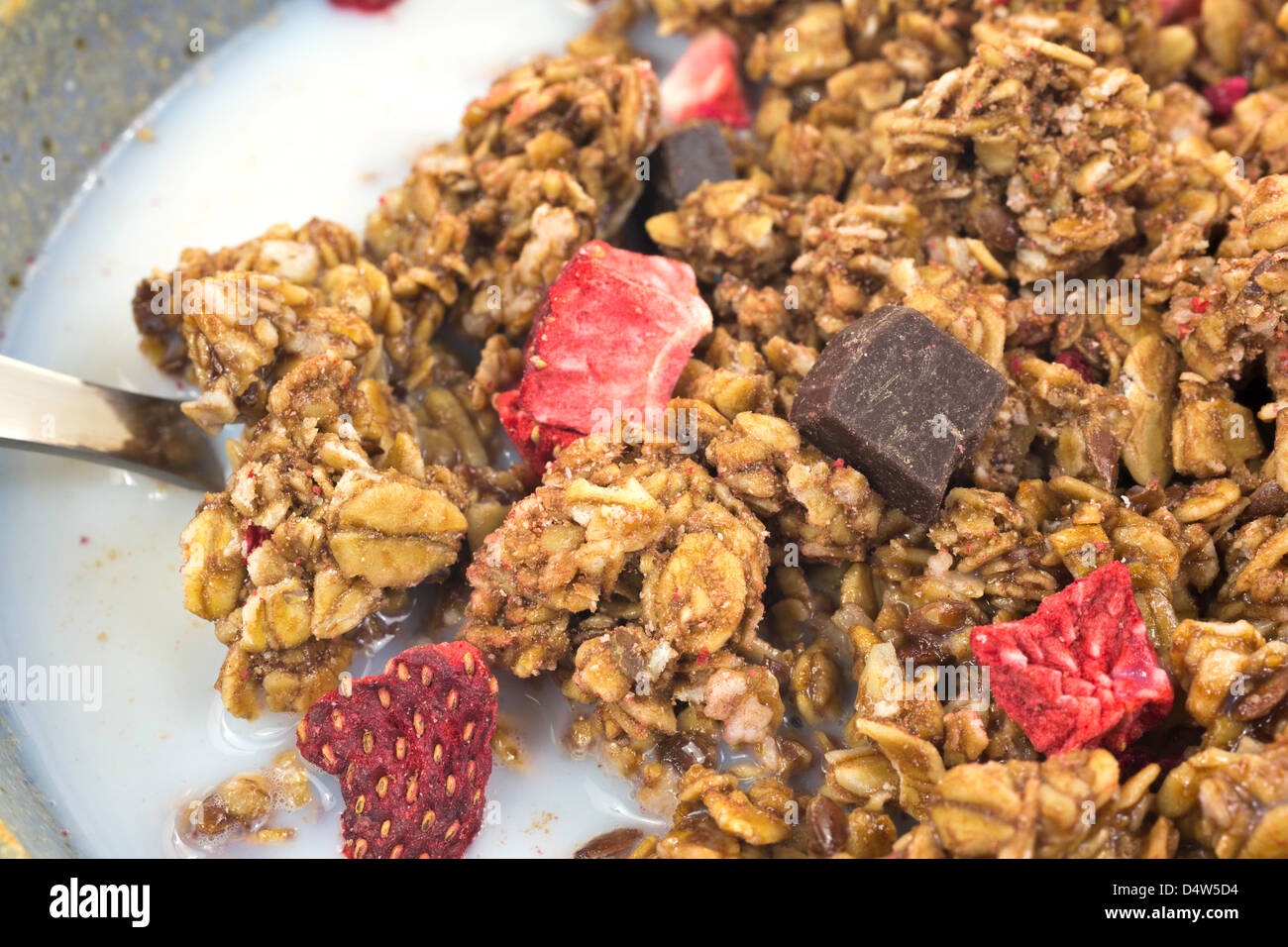 Vista ravvicinata della fragola cereali granola con piccoli pezzi di cioccolato nella ciotola con il latte scremato e il cucchiaio. Foto Stock