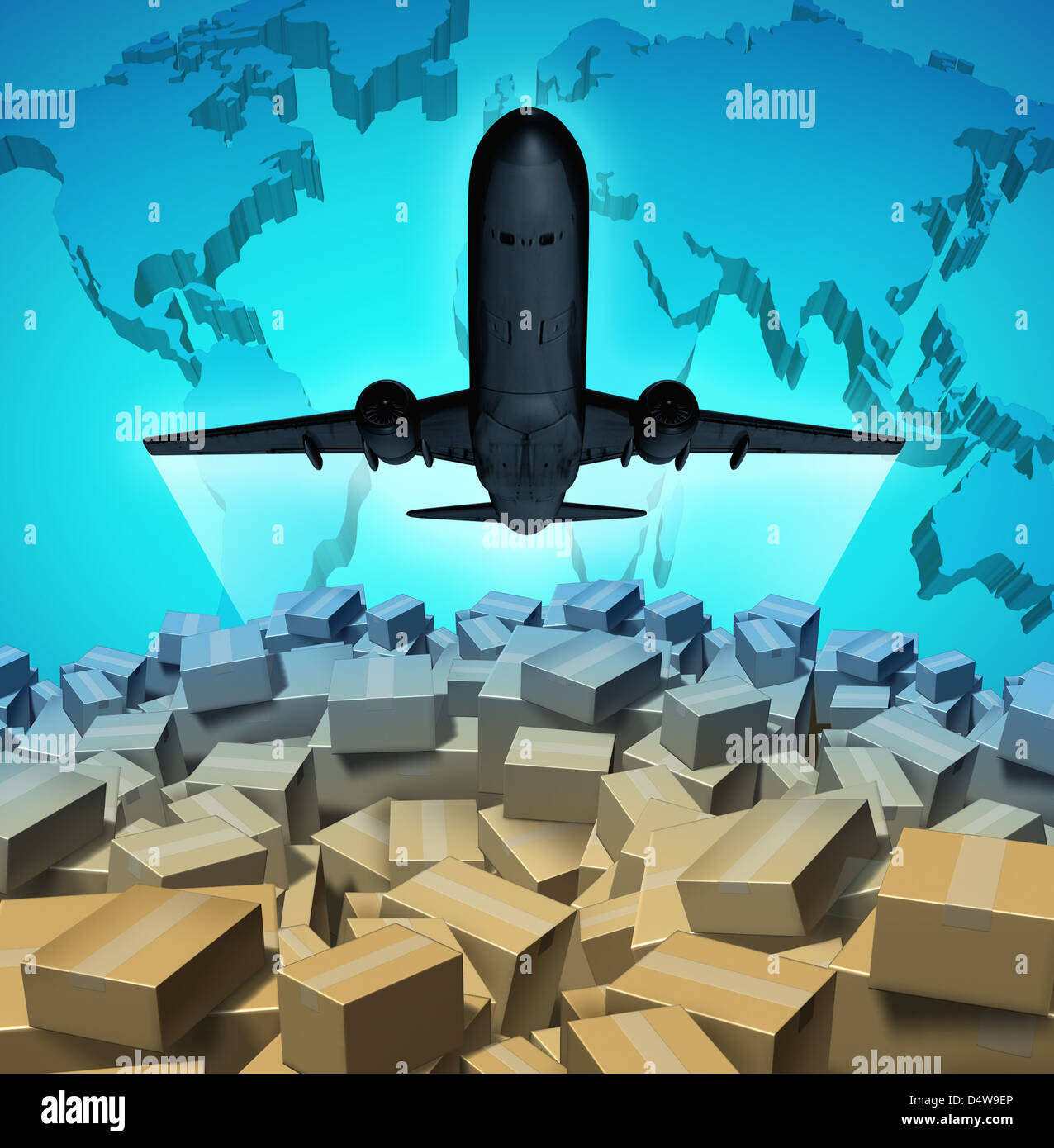 Air Cargo concetto di spedizione con un aeroplano che vola al di sopra di un grande gruppo di courier mail i pacchetti su di una mappa tridimensionale di th Foto Stock
