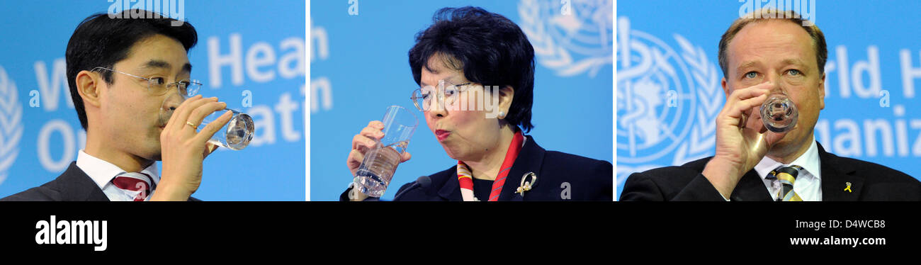 Una foto di combo (L-R) Ministro tedesco della Sanità Philipp Roesler, Direttore Generale dell Organizzazione Mondiale della Sanità (OMS) Margaret Chan Fung Fu-chun, e il ministro tedesco dello Sviluppo Dirk Niebel come l'OMS health report viene presentato a Berlino, Germania, 22 novembre 2010. Foto: TOBIAS KLEINSCHMIDT Foto Stock