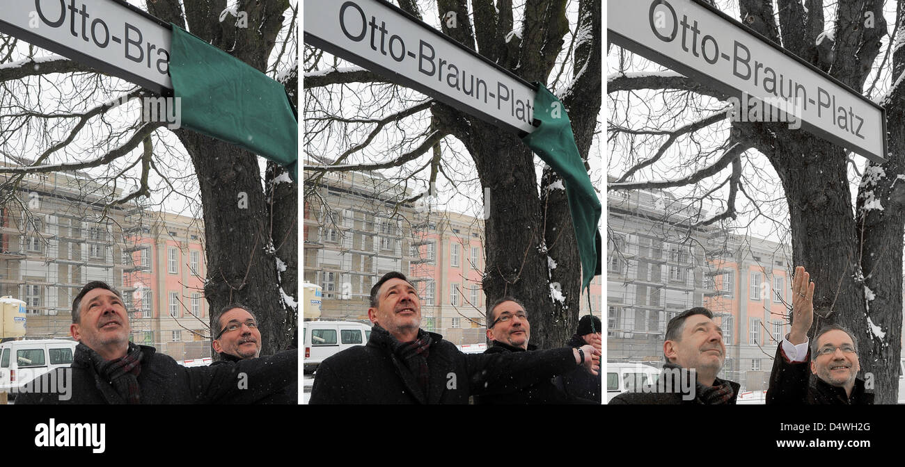 (COMBO) un composito la foto mostra il sindaco di Potsdam Jann Jakobs (L) e il governatore del Brandeburgo Matthias Platzeck svelando il segno Otto-Braun-Platz a Potsdam, Germania, 19 marzo 2013. La piazza di fronte al nuovo edificio del Parlamento di Brandeburgo è stato chiamato dopo l'ex primo ministro della Prussia. Foto: Bernd Settnik Foto Stock