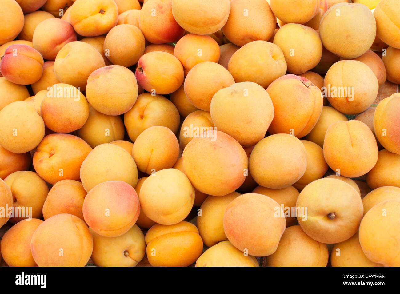 Sfondo di pesche per la vendita in un mercato all'aperto. Un sacco di deliziosi guardando molto di pesche fresche in vendita su un mercato al di fuori su di un soleggiato sabato. Foto Stock