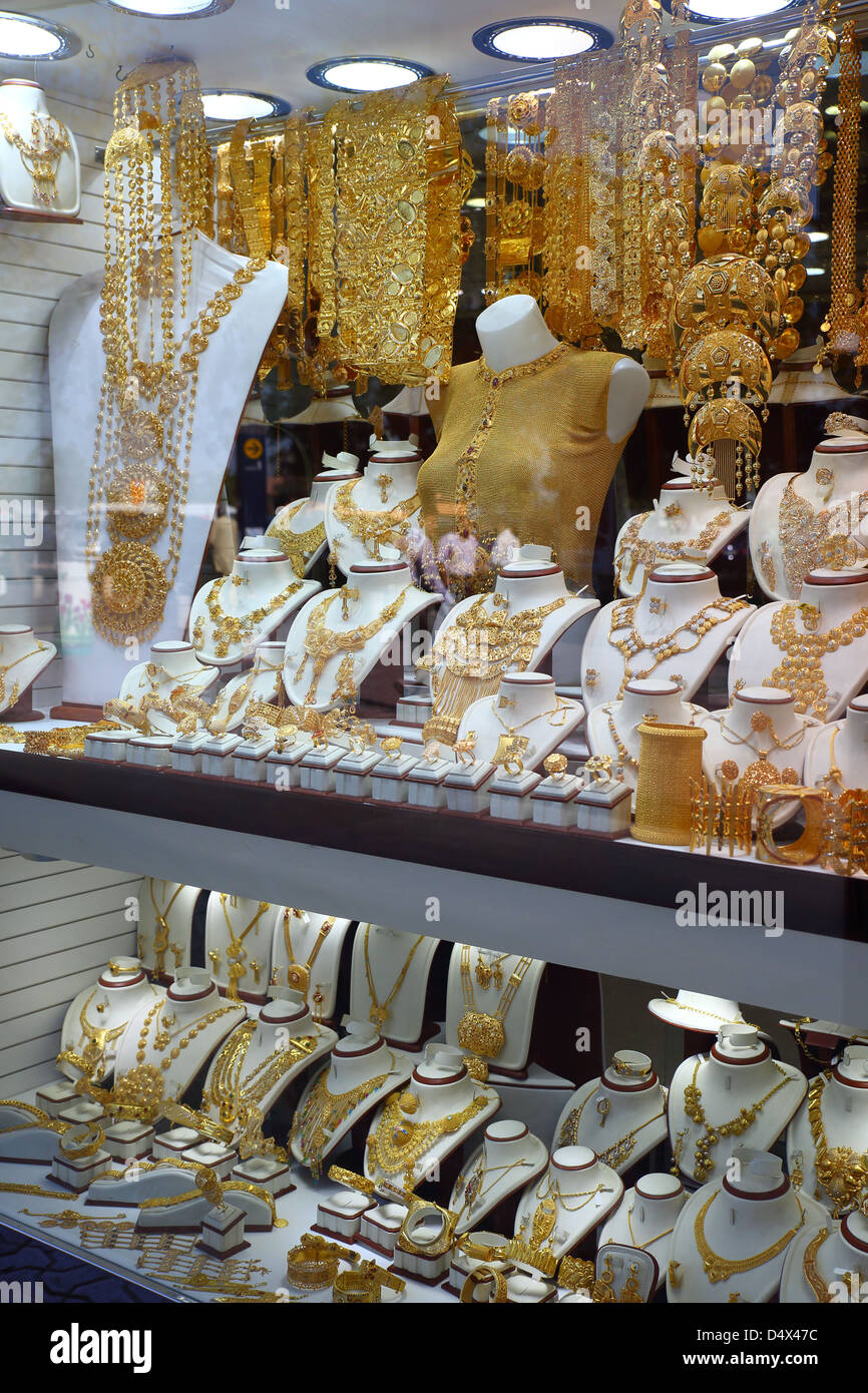 Gold Souk display, Dubai, Emirati Arabi Uniti Foto Stock